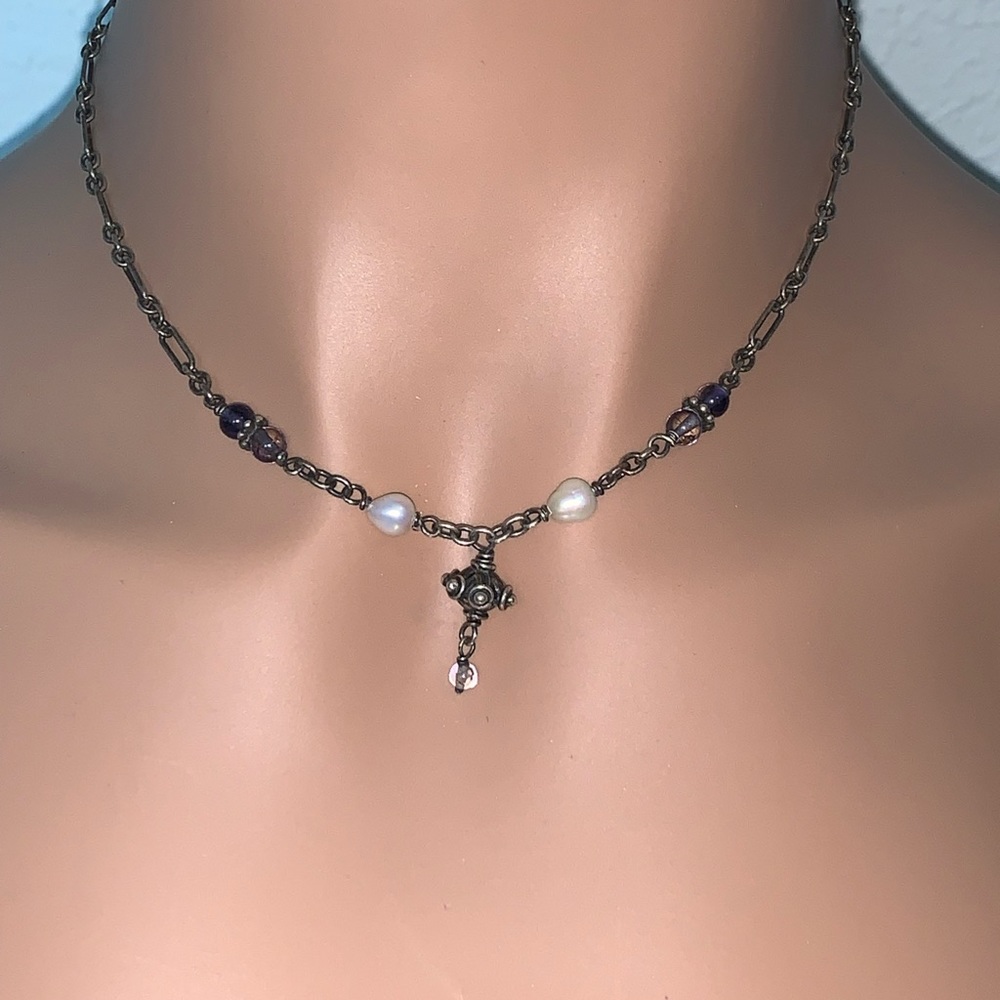 Vintage Etruscan Amethyst Pearl Sterling Paperclip Chain Necklace